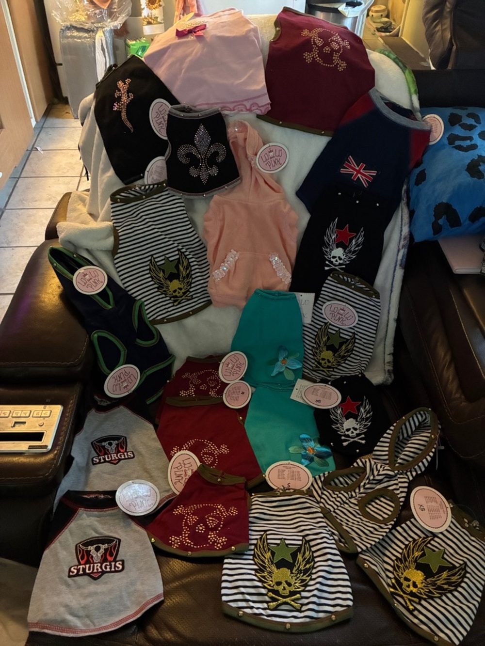 Reseller’s box of Lulu pink pet clothing 
all sizes 
 brand new tags
21 pieces